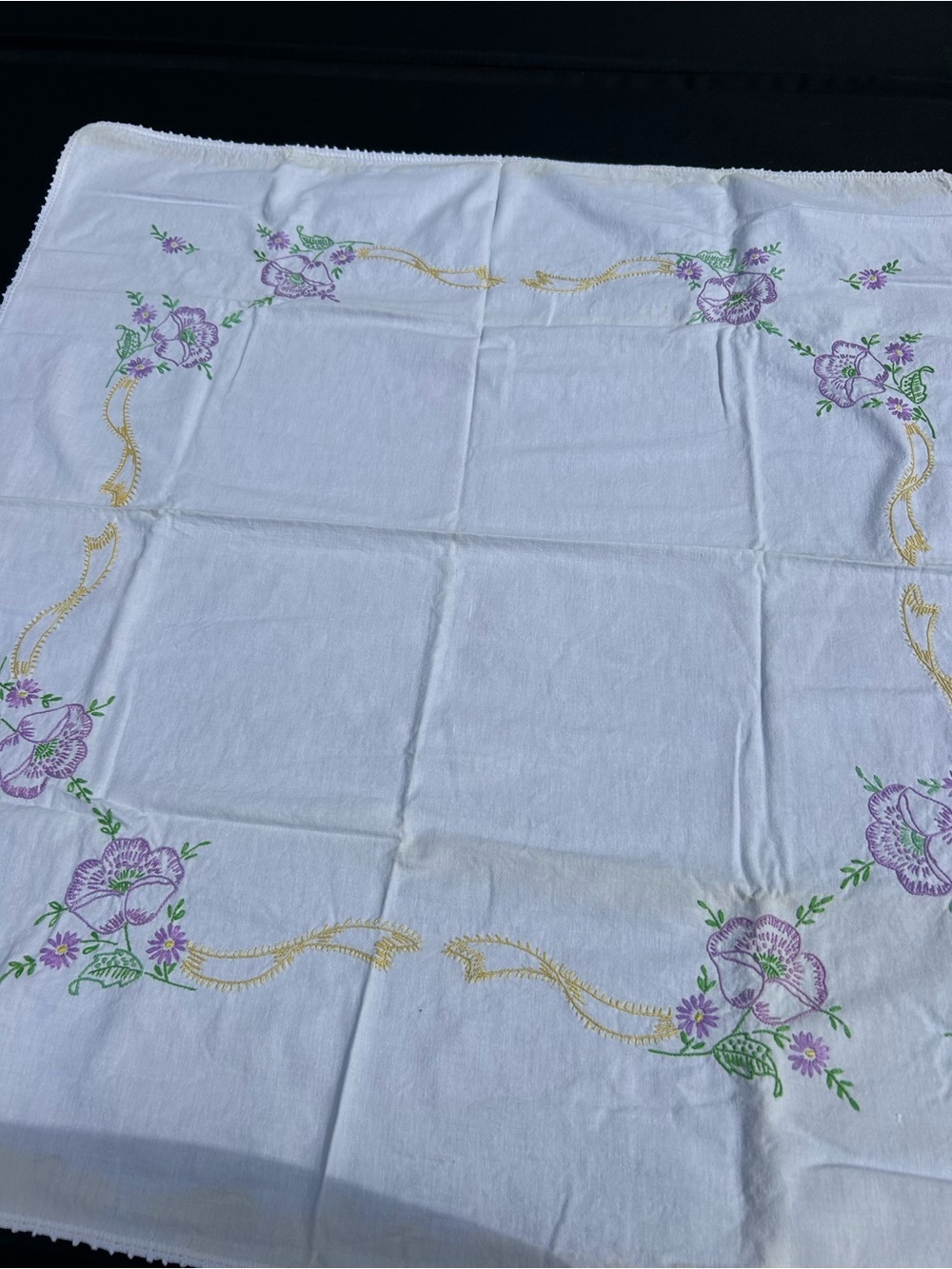 4/$100 Embroidered Floral Tablecloth - White with Purple & Gold Accents